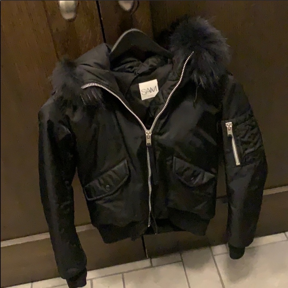 Sam Jenny bomber jacket with fur hood. Size XS